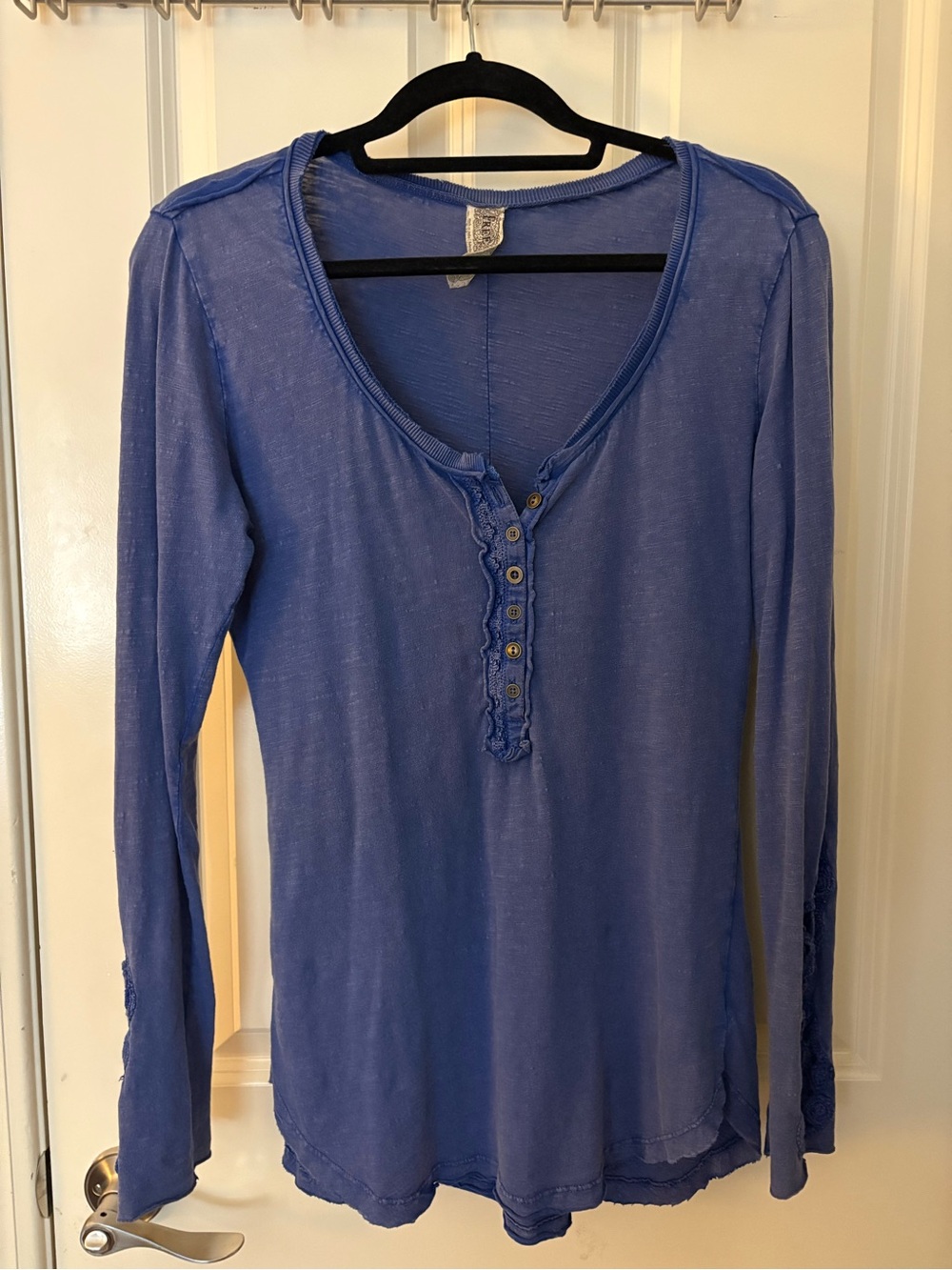 Lucky Brand Blue Long-Sleeve Henley with Ruffle Placket